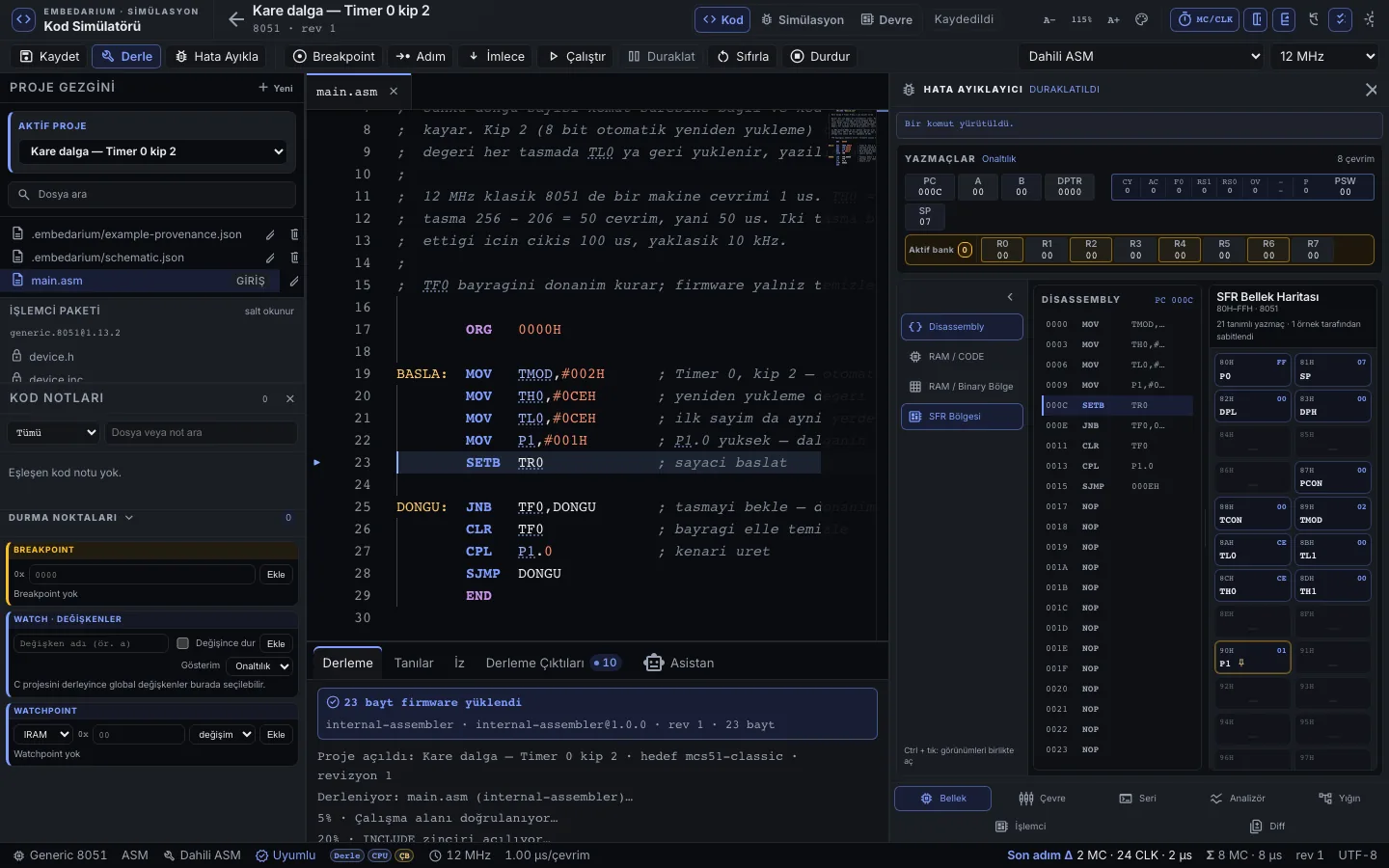 Embedarium IDE: kod düzenleyici ve hata ayıklayıcı