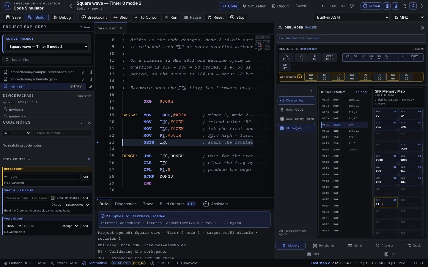 Embedarium code editor and debugger with an 8051 assembly program