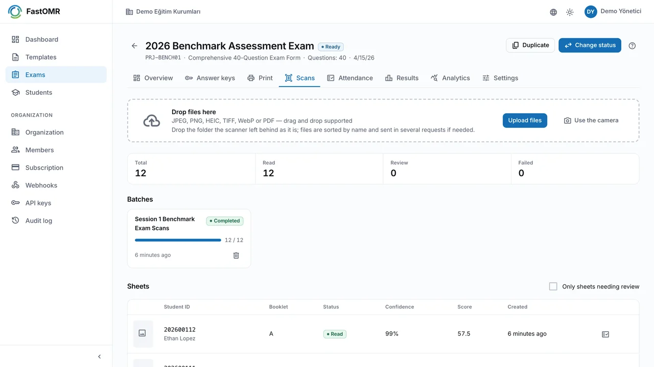 FastOMR scans tab with file upload, camera capture and per-sheet reading confidence